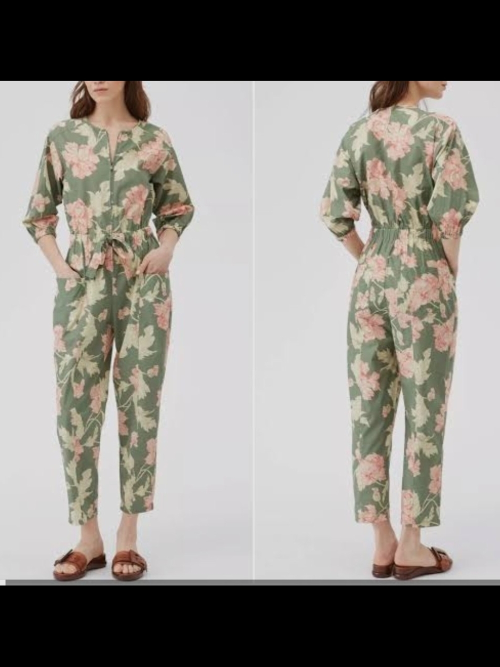 Olive Green Floral Tie-Waist Jumpsuit with‎ Pink Blooms